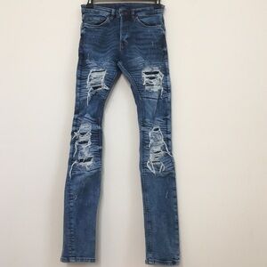 H&M Men’s Ripped Pleated Slim fit Patch Stretch Distressed Blue Denim Bike Jeans